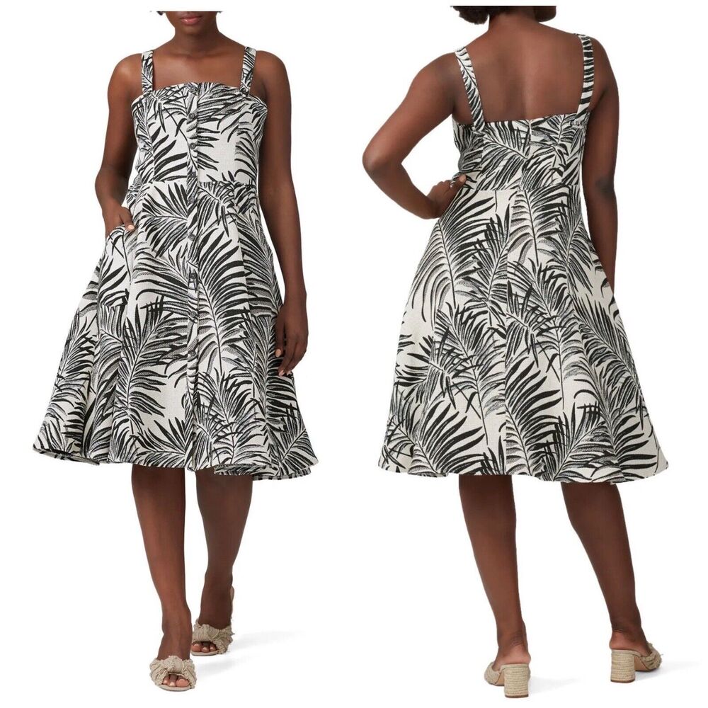 Hutch Aidy Black Ivory Palm Print Midi Knee Length Woven Dress Button Size 2